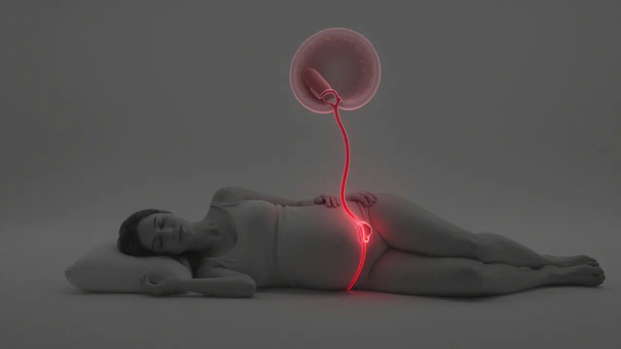 Koncepční obrázek těhotné ženy spící na levém boku s krvním tokem vedoucím k placentě.