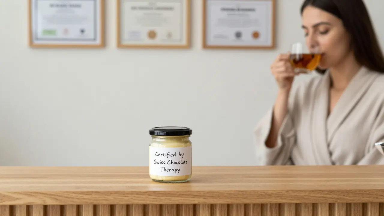 Na dřevěné poličce stojí skleněná láhev s kakaovým tukem a certifikáty o školení, symbolizující odbornost a kvalitu.