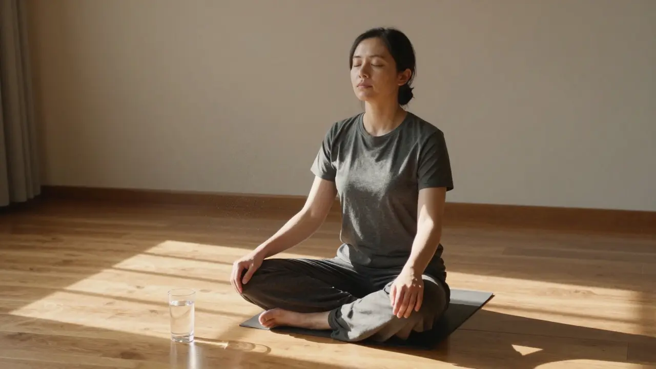 Osoba po thajské masáži sedí v klidu, dýchá hluboce, v prostředí bez šumu a rušivých předmětů.