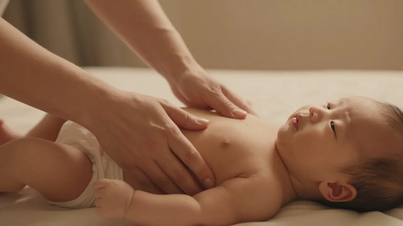 Rodič masíruje bříško kojence po směru hodinových ručiček