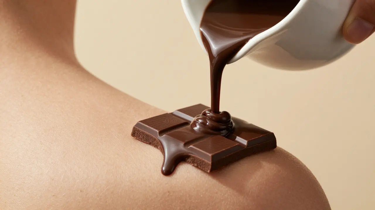 Ruce maséře pomalu rozptylují kvalitní tmavou čokoládu na kůži, s jemným leskem a přirozeným vzhledem.