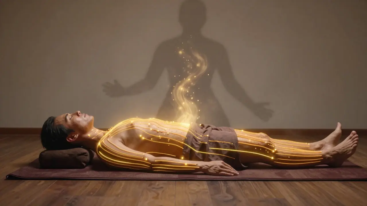 Symbolický obraz osvobození energie tělem během thajské masáže, kdy se napětí mění ve světlo.