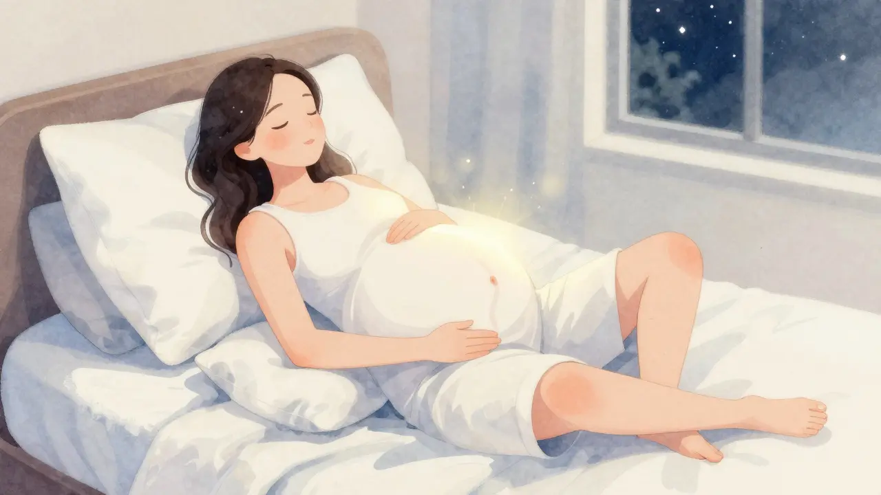Těhotná žena spí na boku s podpěrami pod břichem, zády a mezi nohama.