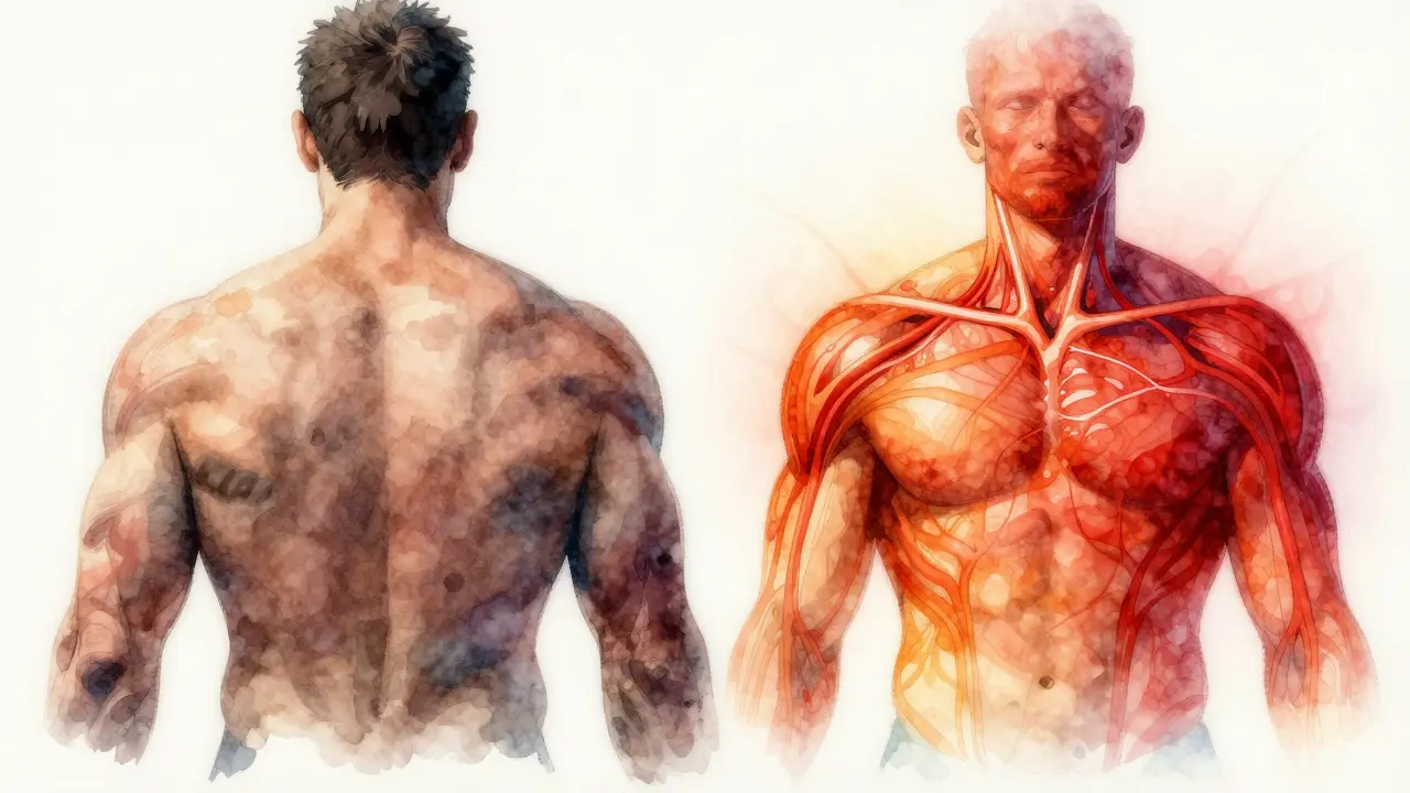 Umělecká ilustrace s porovnáním napjatých svalů a obnovy krevního oběhu po vakuoterapii.