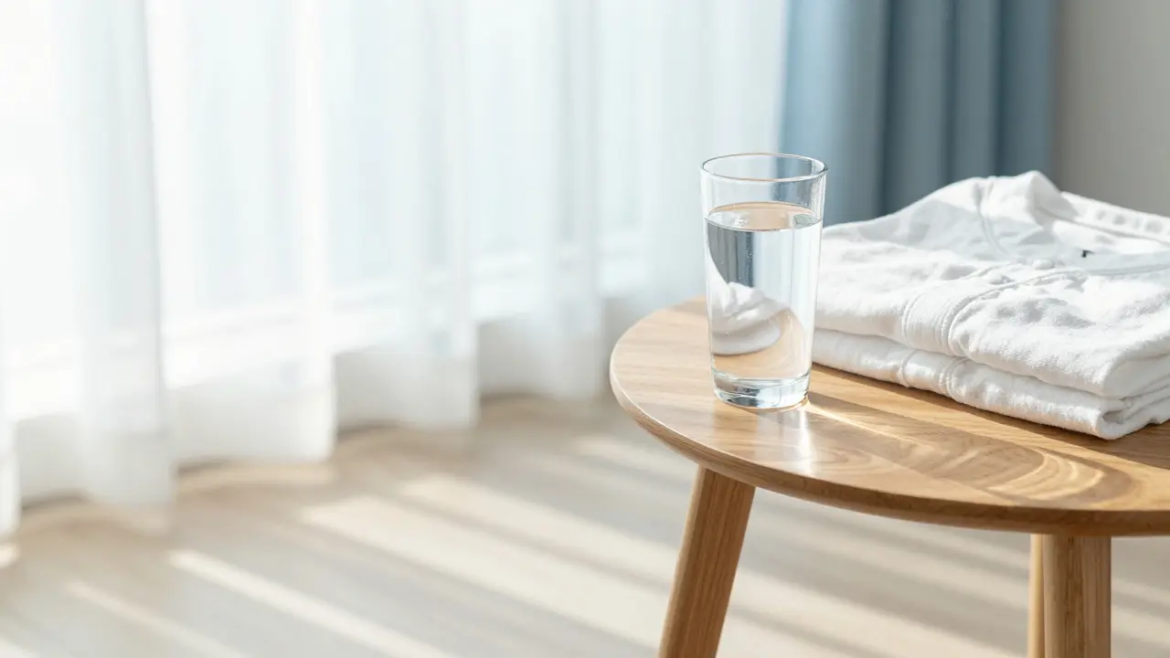 Čistá sklenice vody a bavlněné oblečení na stole symbolizují hydrataci po terapii.