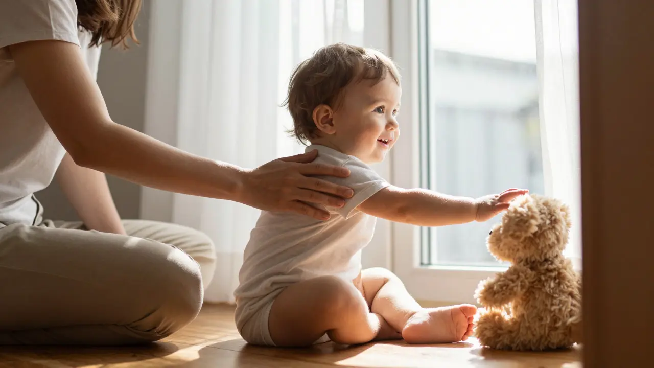 Dítě o 18 měsících se směje, když matka lehce masíruje jeho záda ve slunečném pokoji.