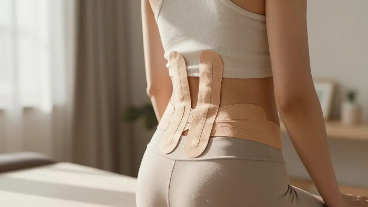 Dokončené tejpování na zádech s uvolněným pózem