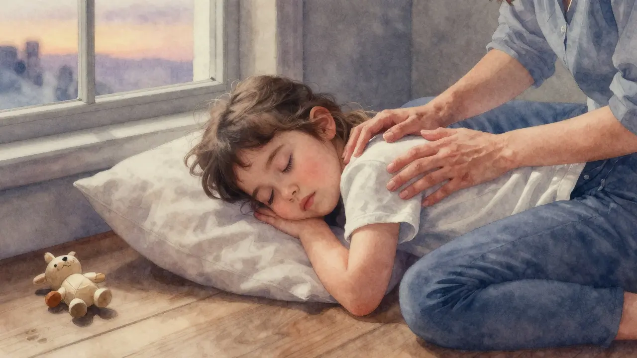 Malá dívka si klade hlavu na ruku matky, zavřené oči, v klidném pokoji před večerem.