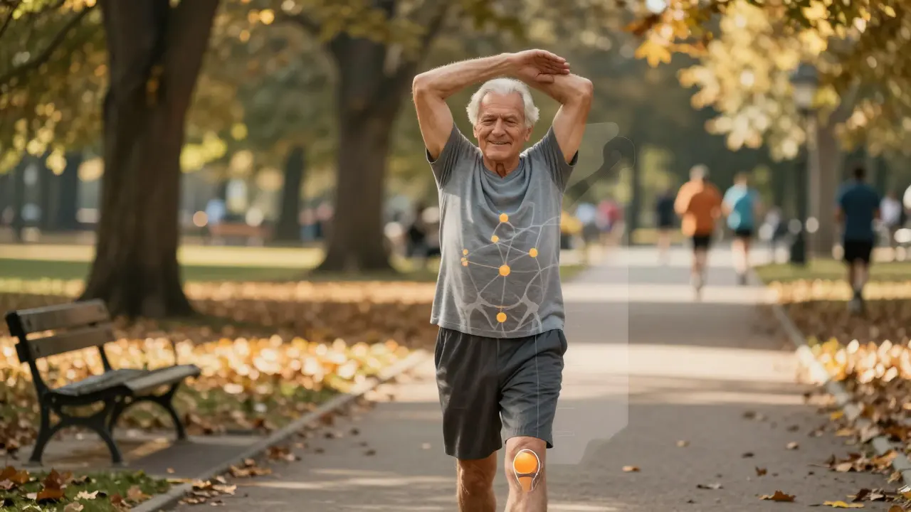 Muž bez bolesti volně zvedá ruku na slunci, symbolizující obnovu pohyblivosti po rehabilitační masáži.