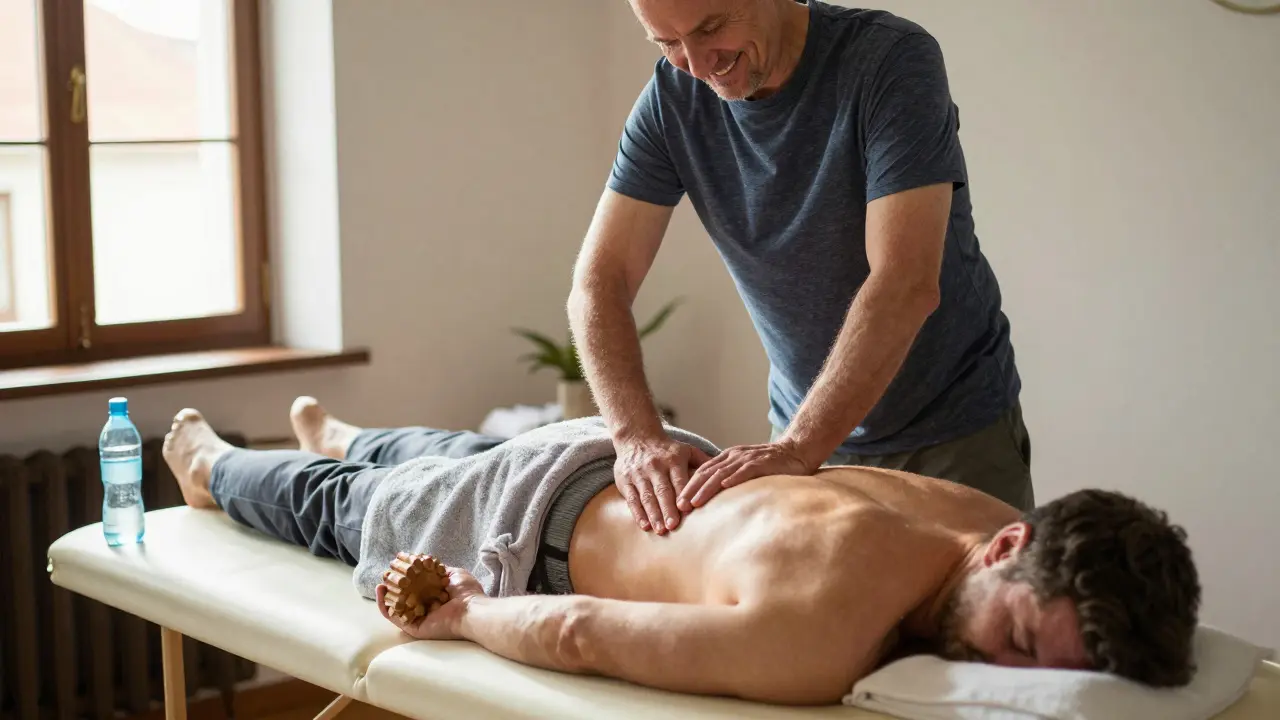 Muž po anticelulitidní masáži, který se protahuje s masážním válečkem na stole v klidném prostředí.