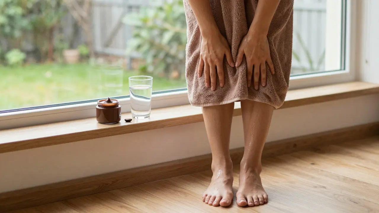 Osoba po čokoládové masáži se obaluje do ručníku, její kůže září zdravým leskem.