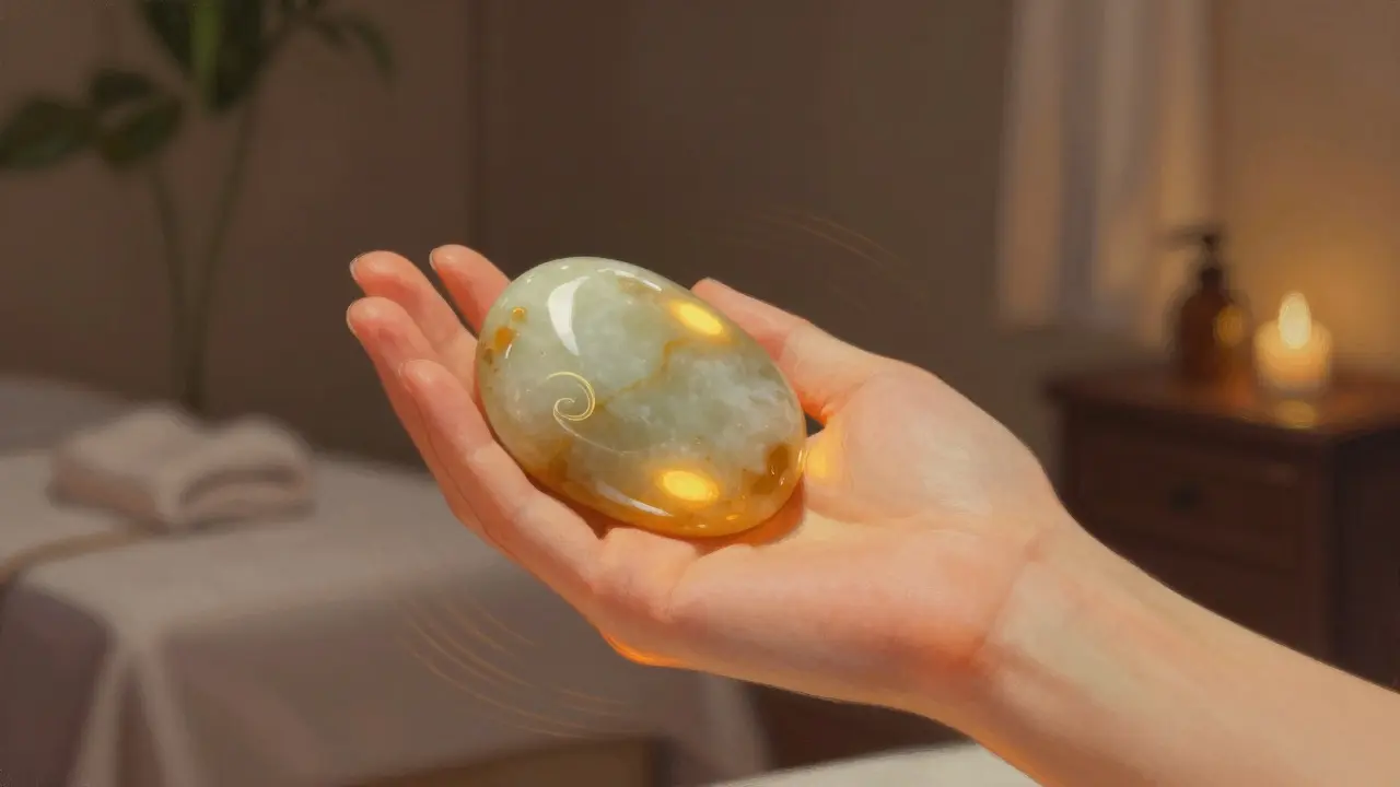 Přírodní jadeitový kámen v ruce s teplými vlnami pronikajícími do kůže.