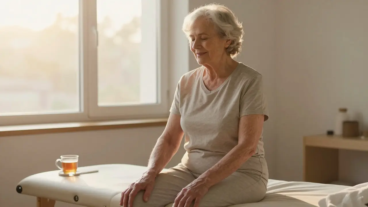 Starší osoba po masáži sedí klidně, s uvolněnými rameny a klidným výrazem na obličeji.