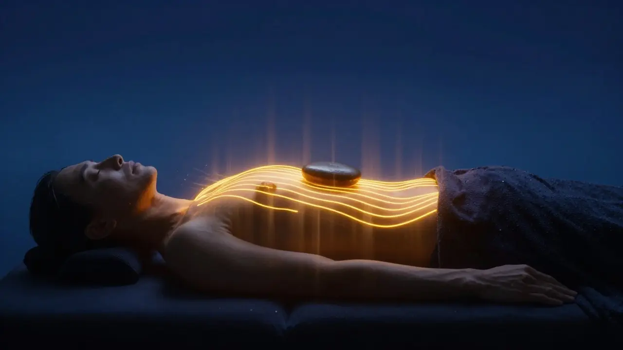 Teplo z kamene se jemně šíří hluboko do těla, jako sluneční paprsky.