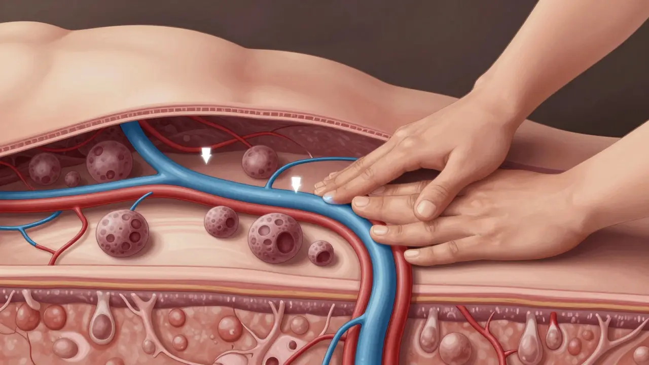 Vnitřní anatomický přehled tukových buněk a krevních cév pod kůží s průtokem tekutin po masáži.