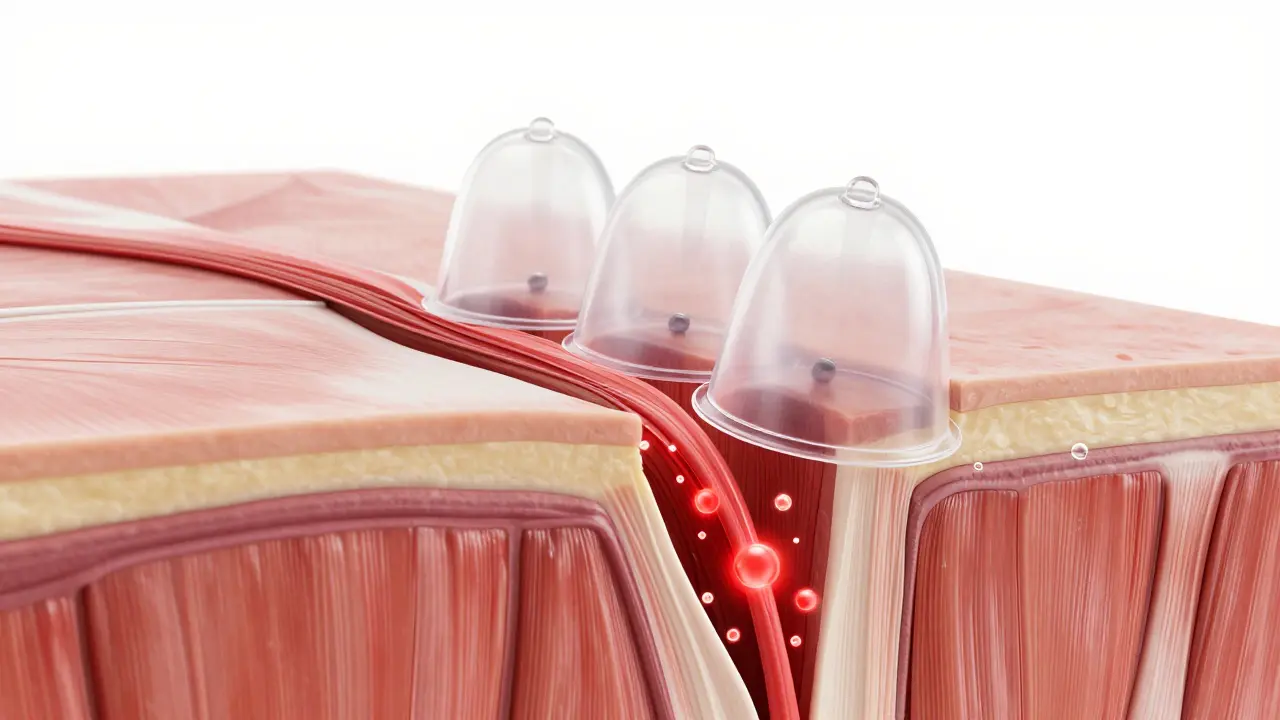 3D ilustrace principu podtlaku při baňkování a prokrvení tkání.