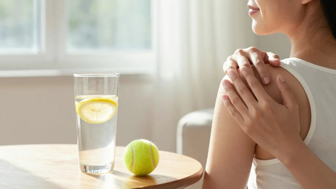 Člověk přizpůsobuje své tělo strečinkem s glasses vody a tenisovým míčkem v pozadí.