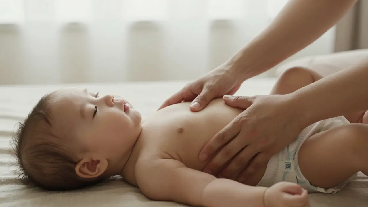 Detail jemné masáže bříška kojence pro uvolnění a klid před spánkem.
