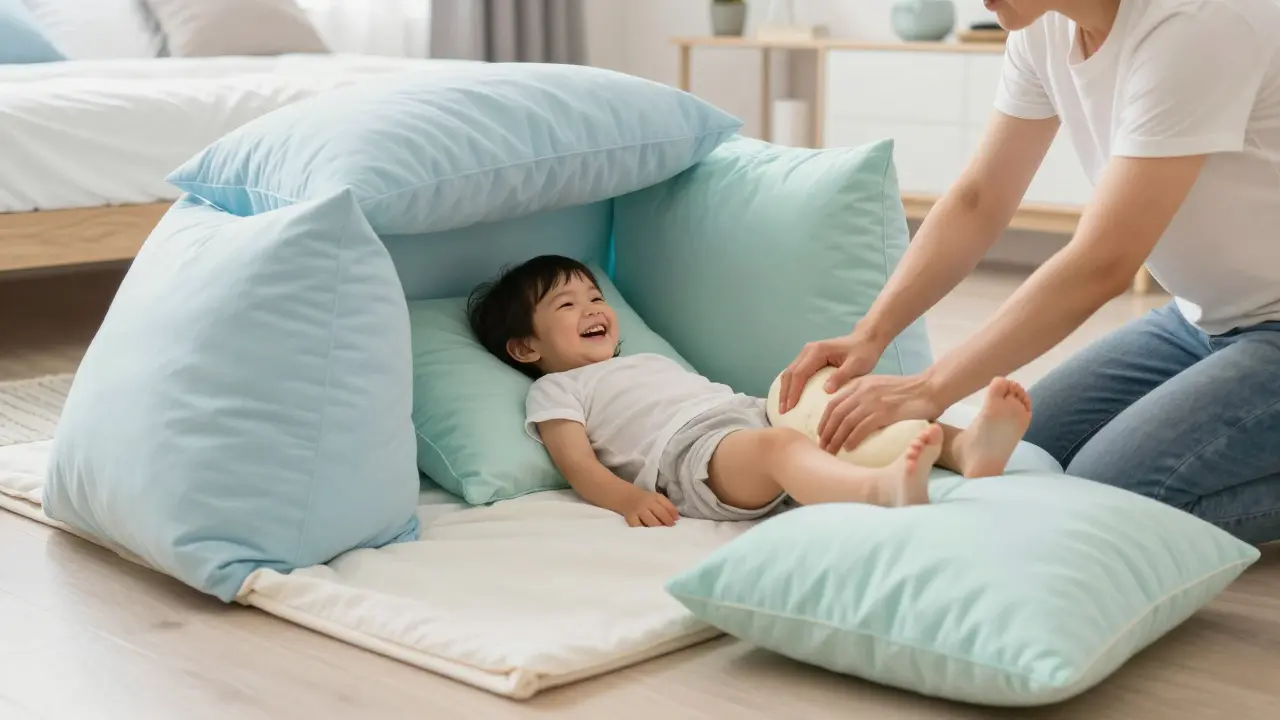 Hravá masáž batolete v pelišáku z polštářů pro uvolnění svalů.