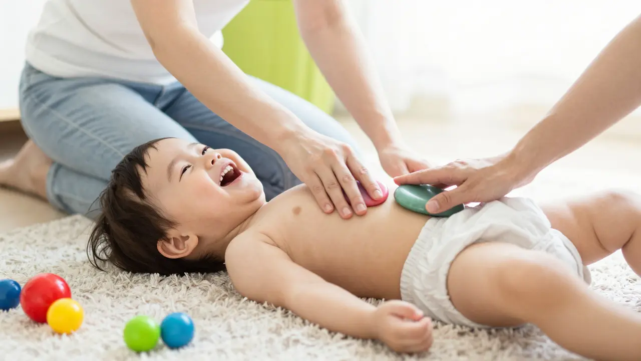 Hravá masáž bříška batolete s použitím hladkého masážního kamínku.