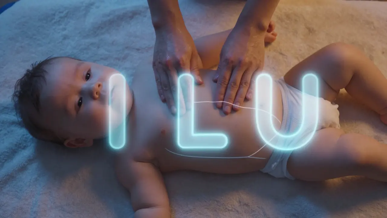 Konceptuální znázornění směru pohybu masáže I Love You na bříšku miminka.