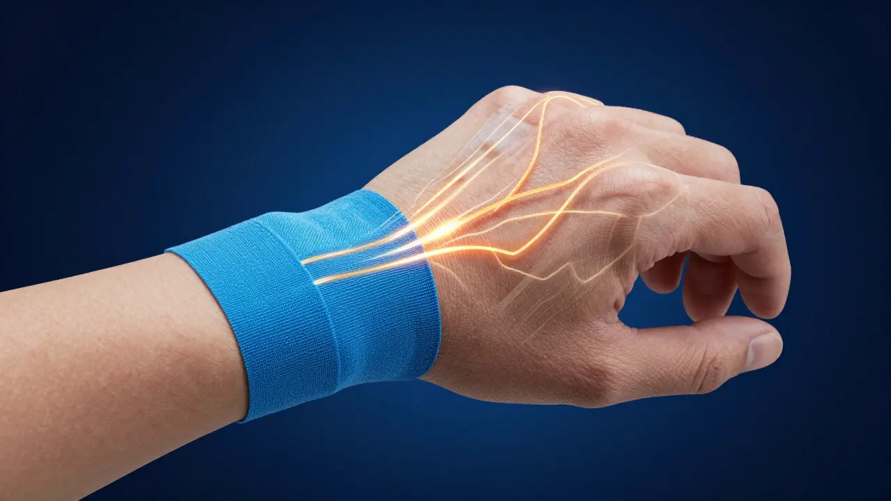 Konceptuální znázornění účinku tejpování v oblasti karpálního tunelu