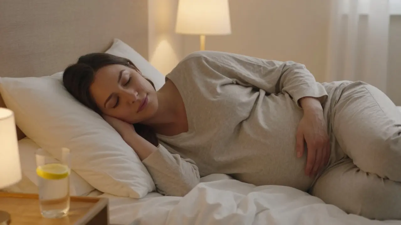 Relaxovaná těhotná žena v pohodlné poloze s polštáři v klidném interiéru.