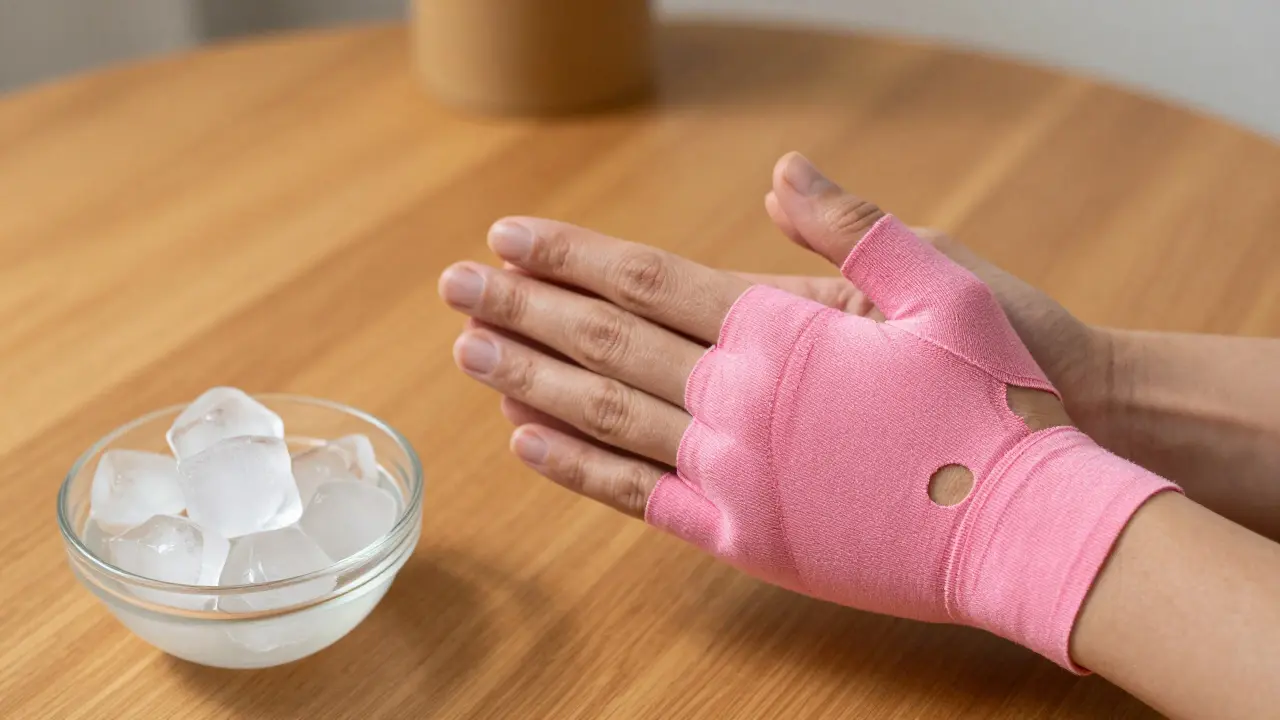 Růžové tejpování prstů a zápěstí v kombinaci s rehabilitací