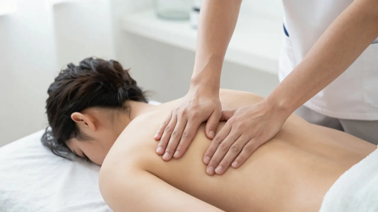 Sportovní masér aplikuje hluboký tlak do ramen klienta v moderním studiu.