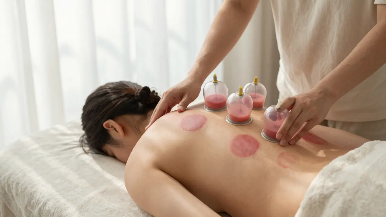 Záda s červenými kruhy po baňkování během jemného protahování.