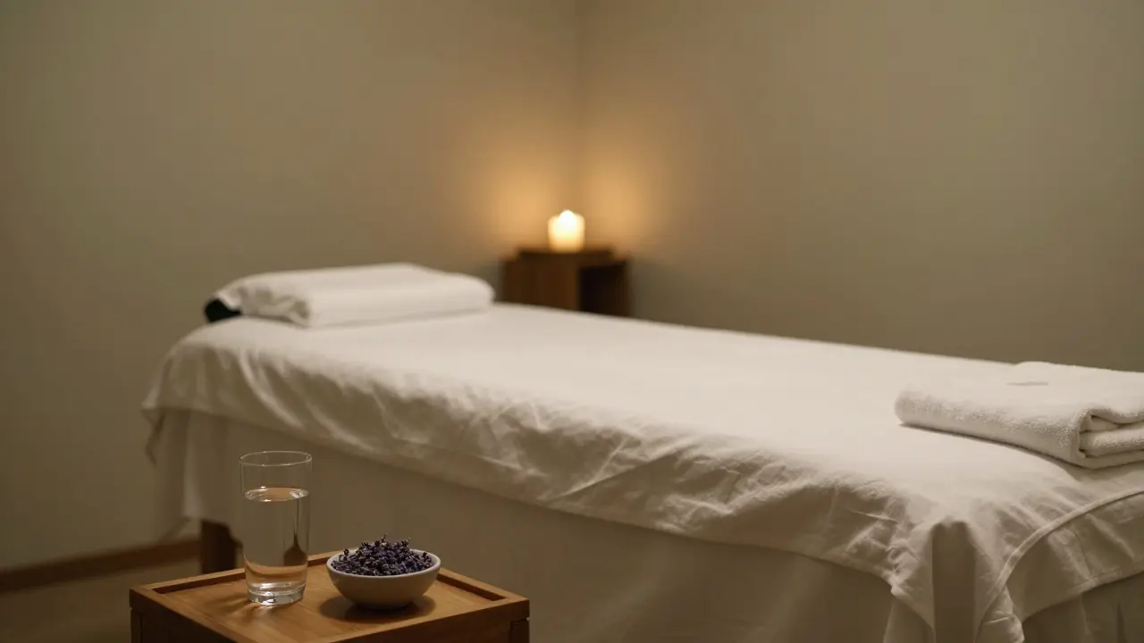 Klidná atmosféra masážního koutu s teplým světlem