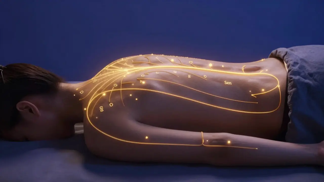 Konceptuální ilustrace energetických linií Sen v těle při masáži.