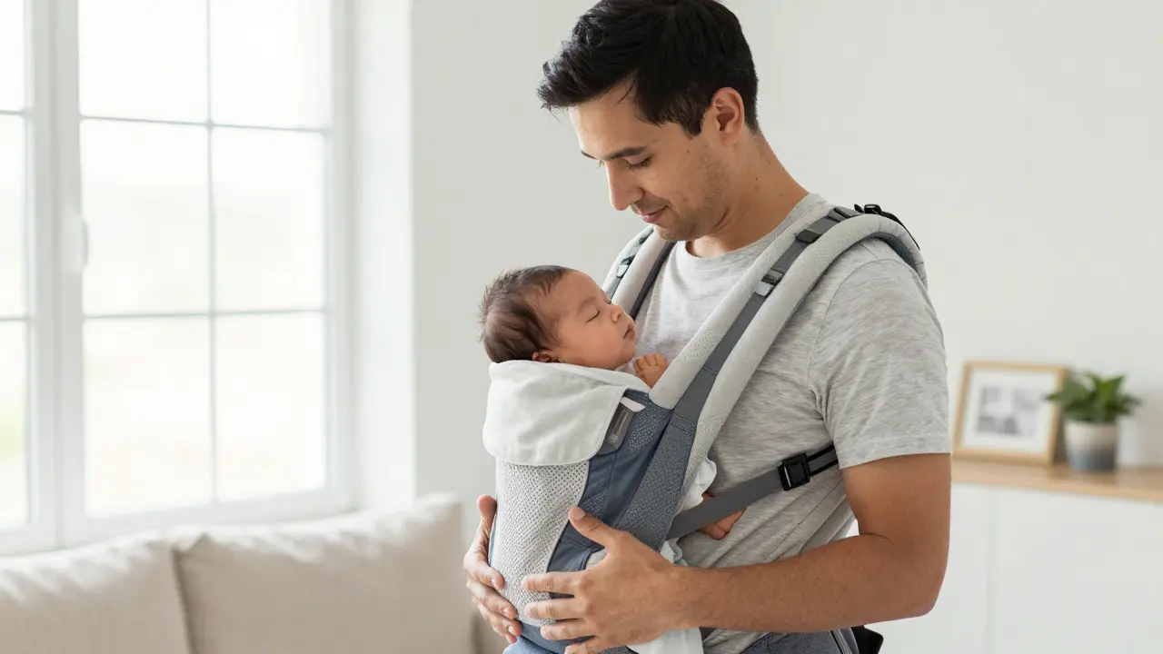 Otec nosí usínající miminko v ergonomickém nosiči na hrudi.