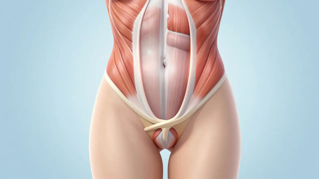 Anatomická ilustrace ukazující rozestup břišních svalů (diastázu) u žen.