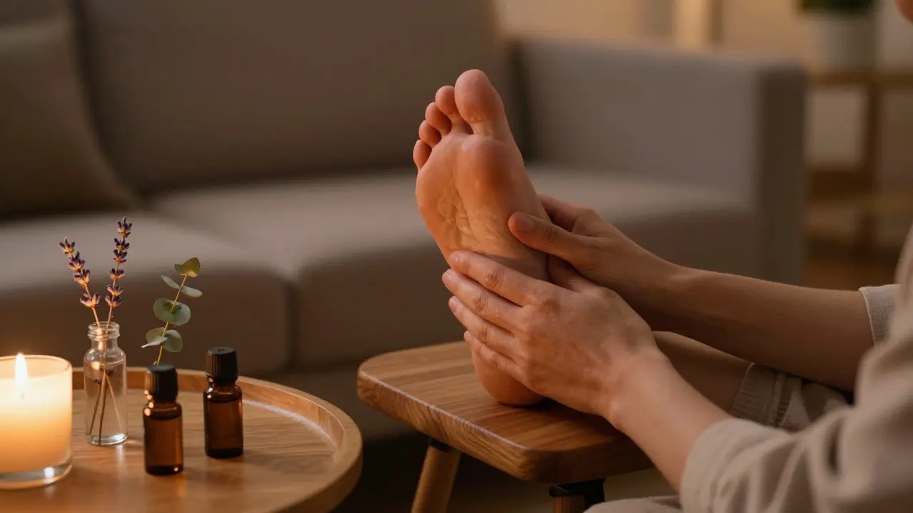 Večerní rituál masáže nohou s éterickými oleji pro relaxaci