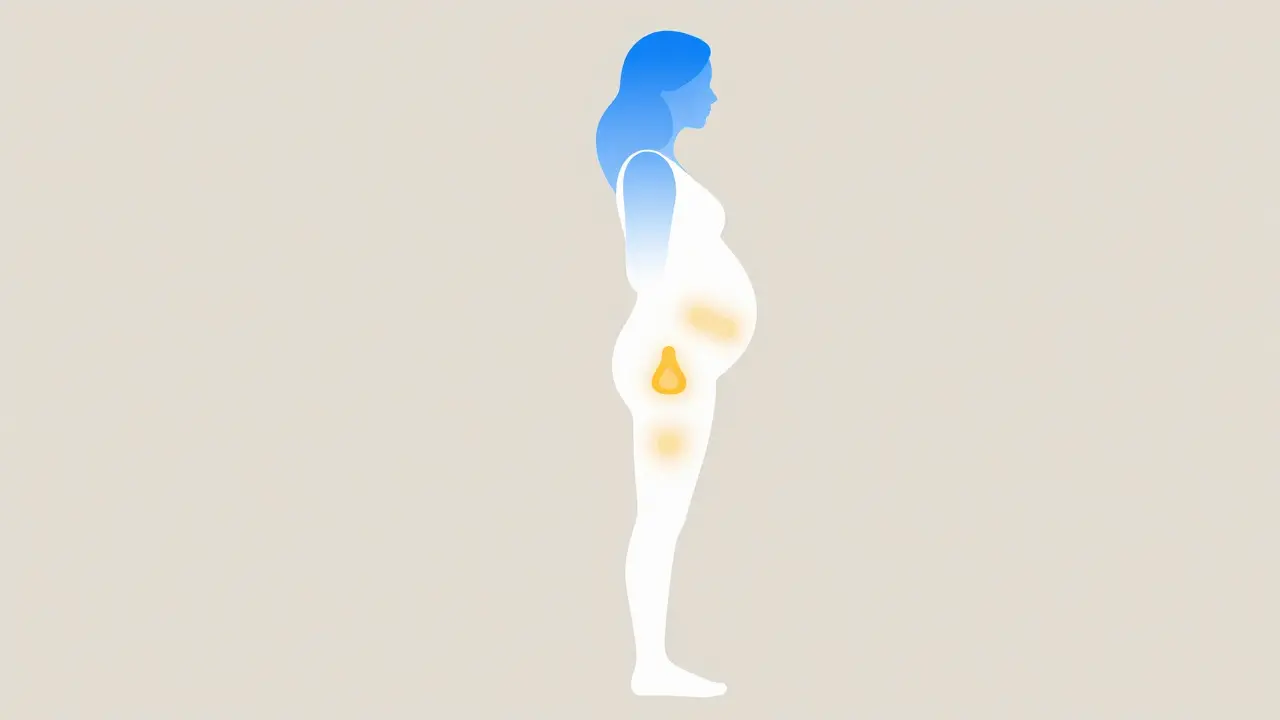 Ilustrace bezpečných a rizikových oblastí těla při těhotenské masáži
