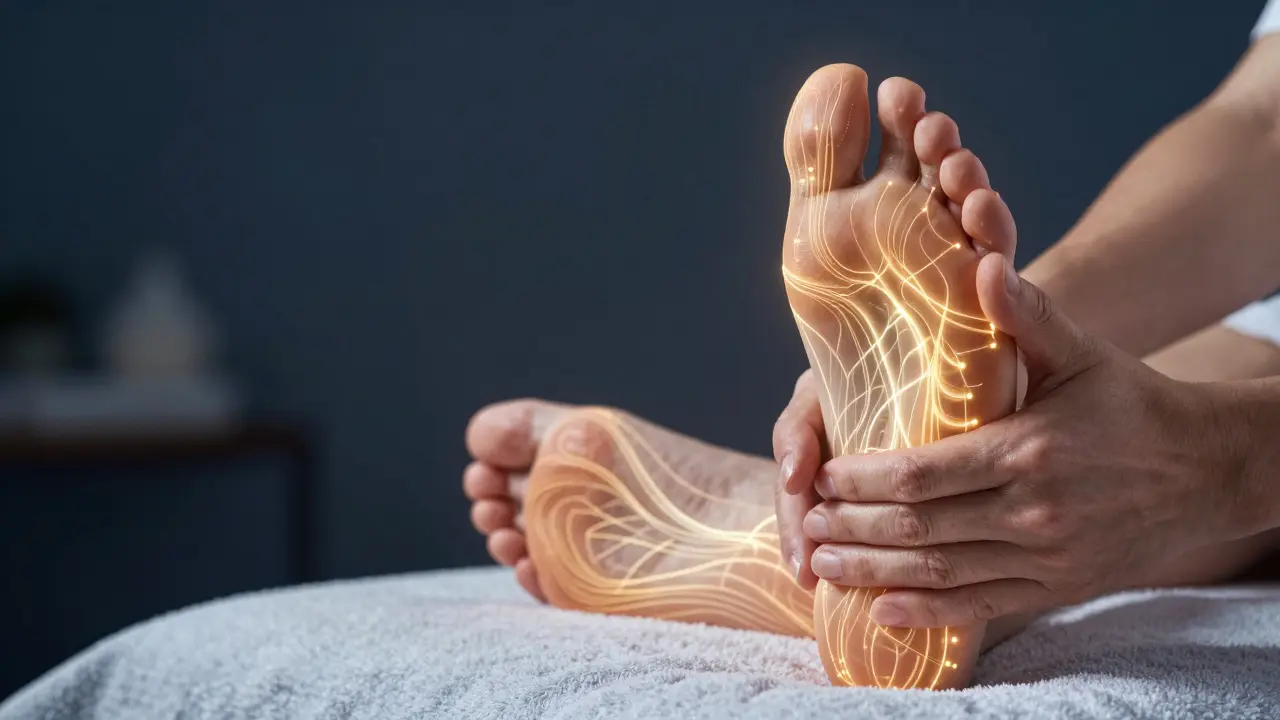 Konceptuální zobrazení toku energie při masáži chodidel