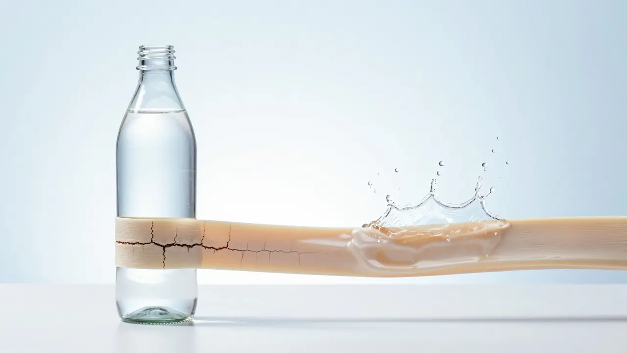 Láhev vody a elastická páska symbolizující hydrataci tkání