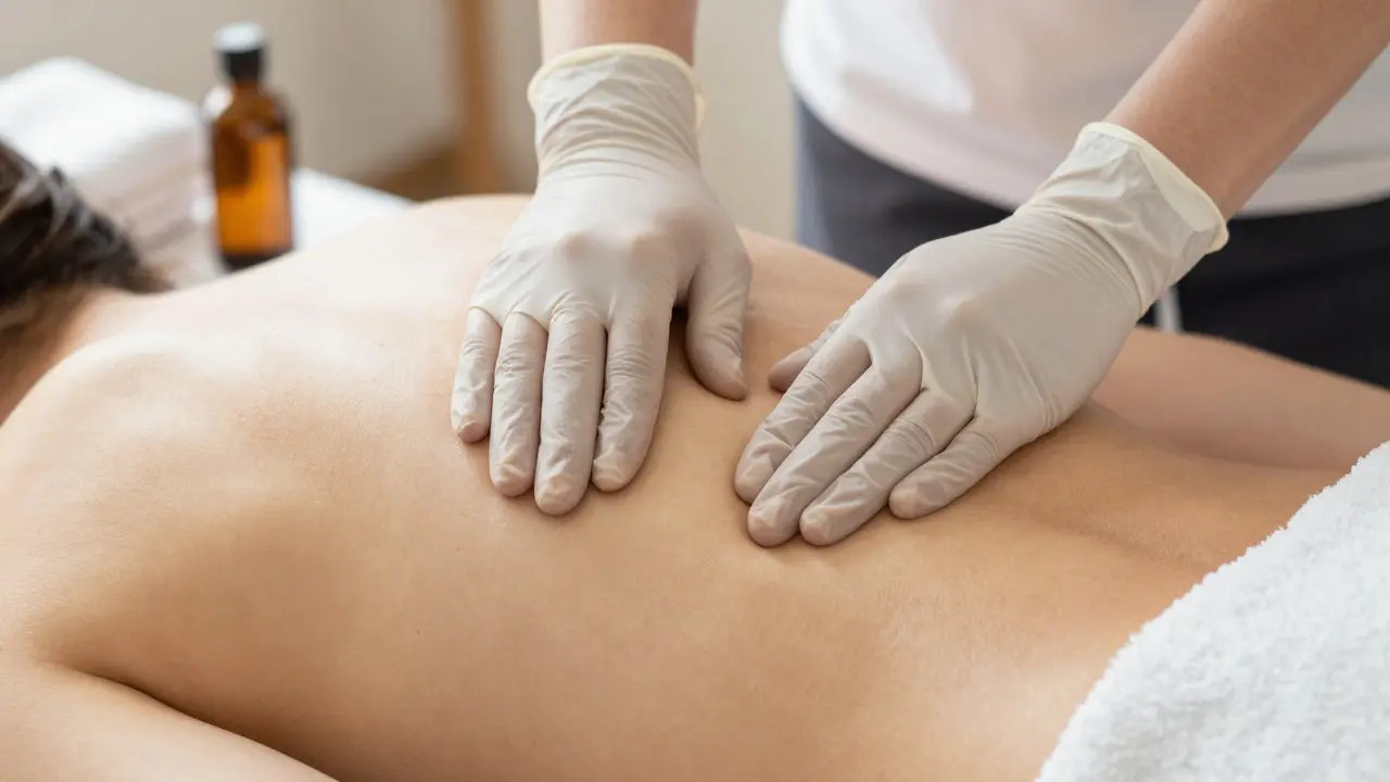 Profesionální ruce terapeuta provádějící švédskou masáž na zádech klienta