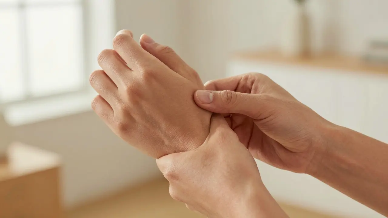 Zblízka ruce provádějící akupresuru na zápěstí a krku při samomasáži