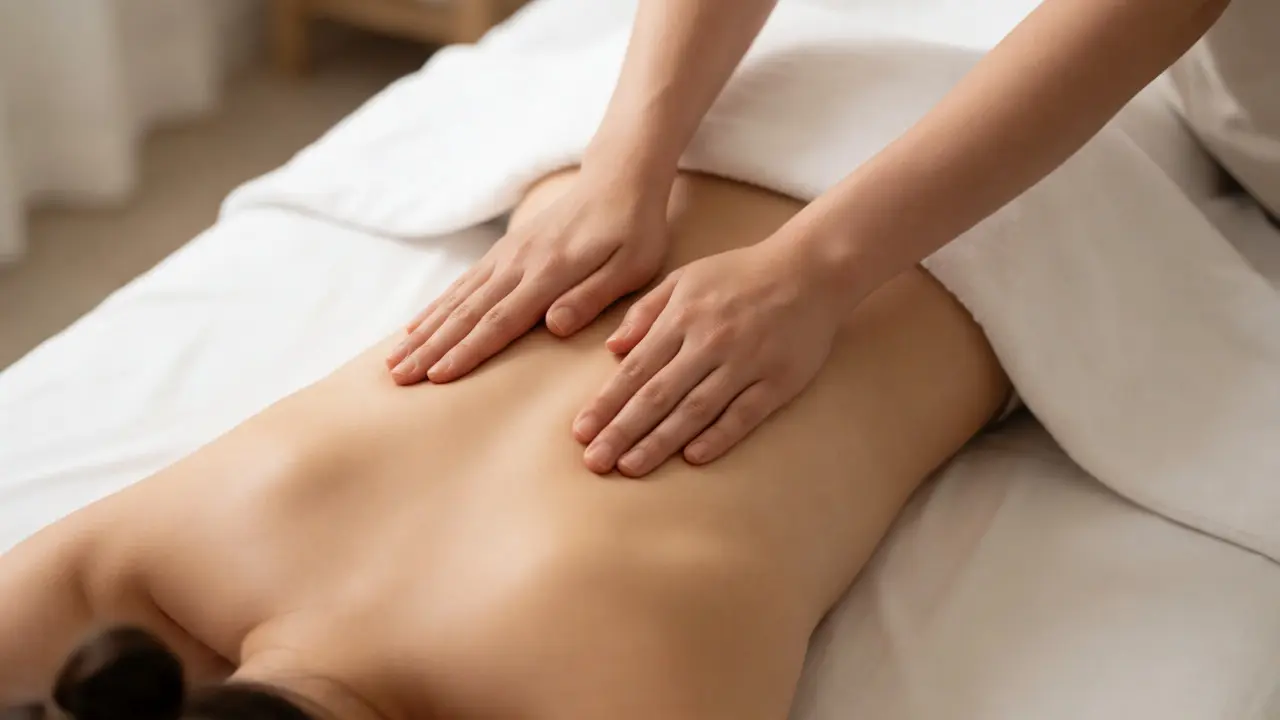 Terapeutické ruce jemně masírující záda klienta s olejem na masážním stole