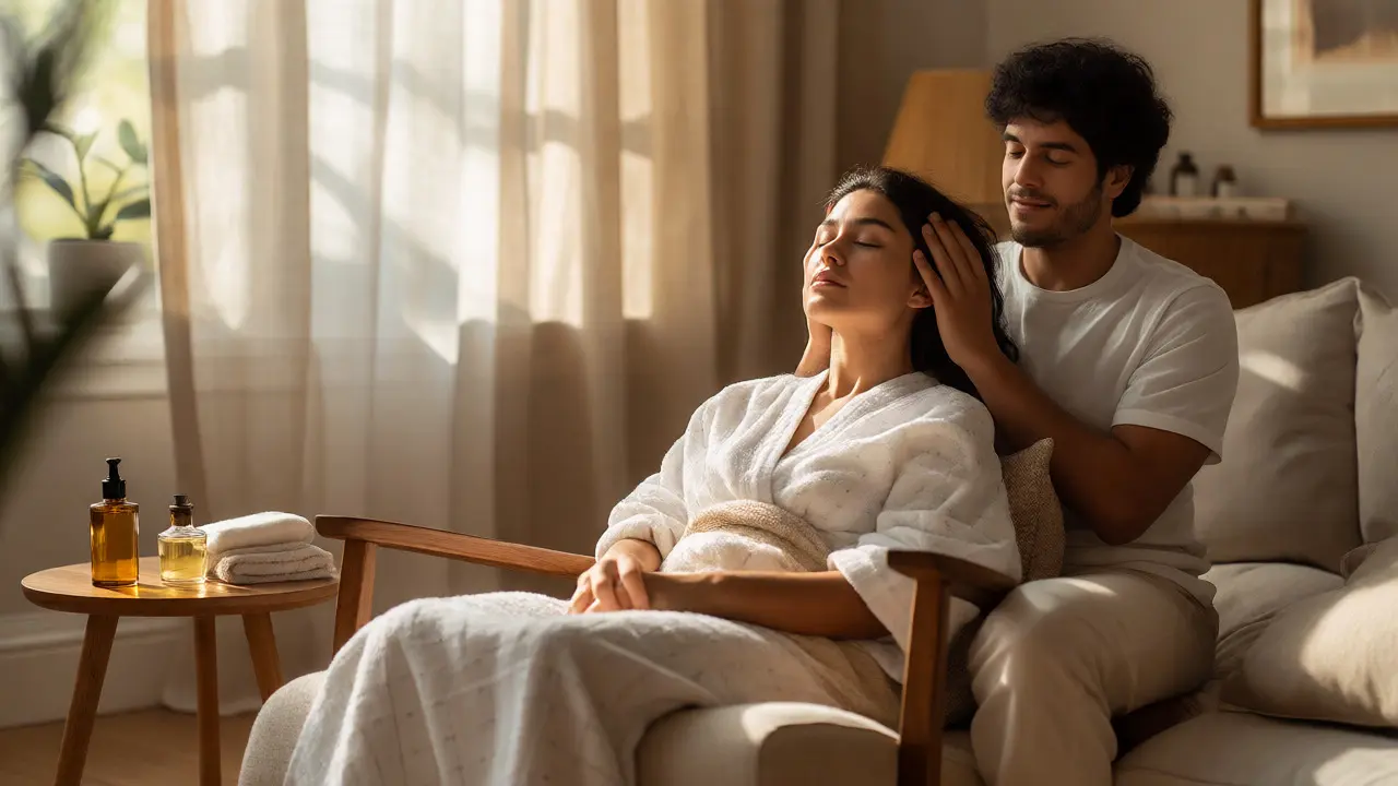 Partner provádí relaxační masáž hlavy doma u okna