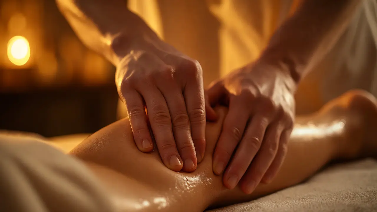 Ruce terapeuta provádějící hloubkovou masáž nohy